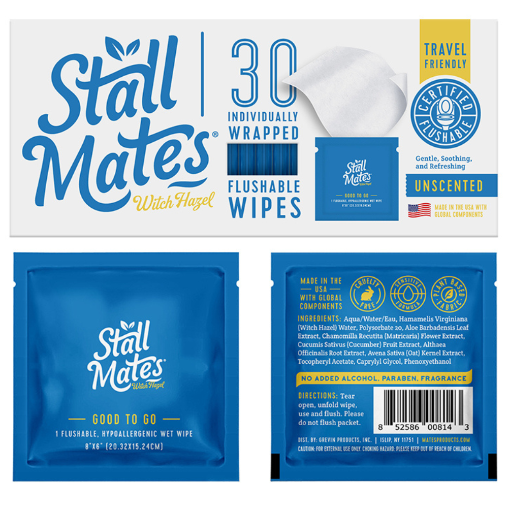 Stall Mates Wipes Witch Hazel: Flushable Wipes | Individually Wrapped | (30 on-the-go singles)