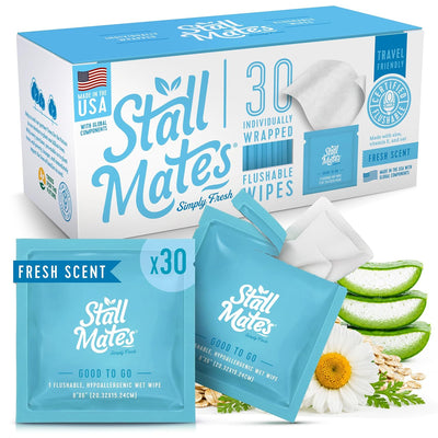 Stall Mates - Flushable Wipes, Individually Wrapped, Travel Friendly, Scented with Cucumber, Vitamin-E & Oat, (30 on-the-go singles)