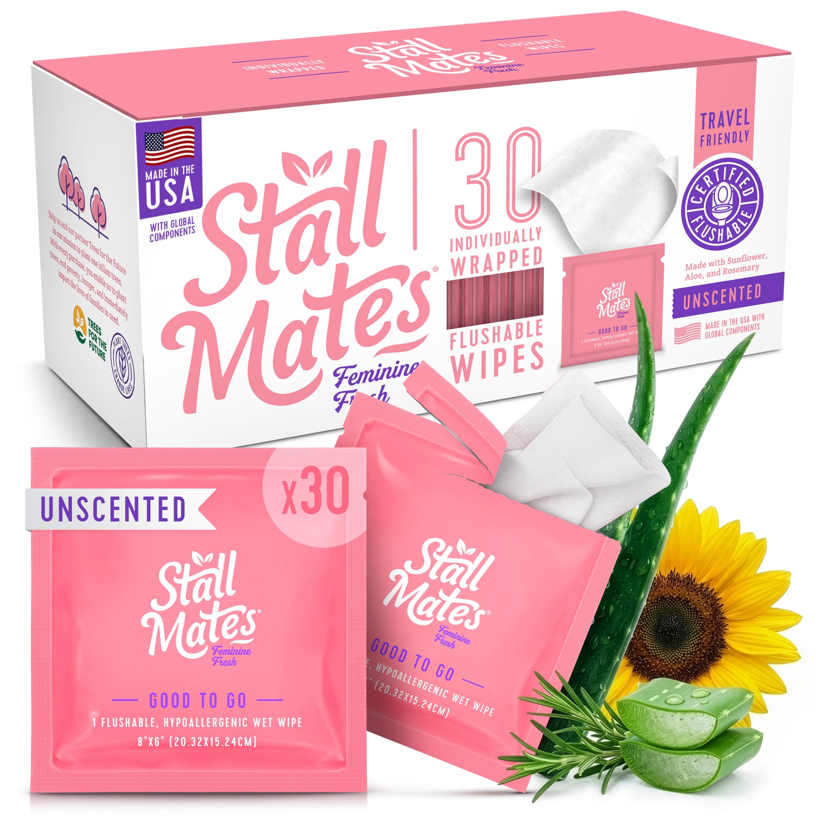 Stall Mates Feminine Fresh: 30 on-the-go flushable wipe singles (PH-Balanced)