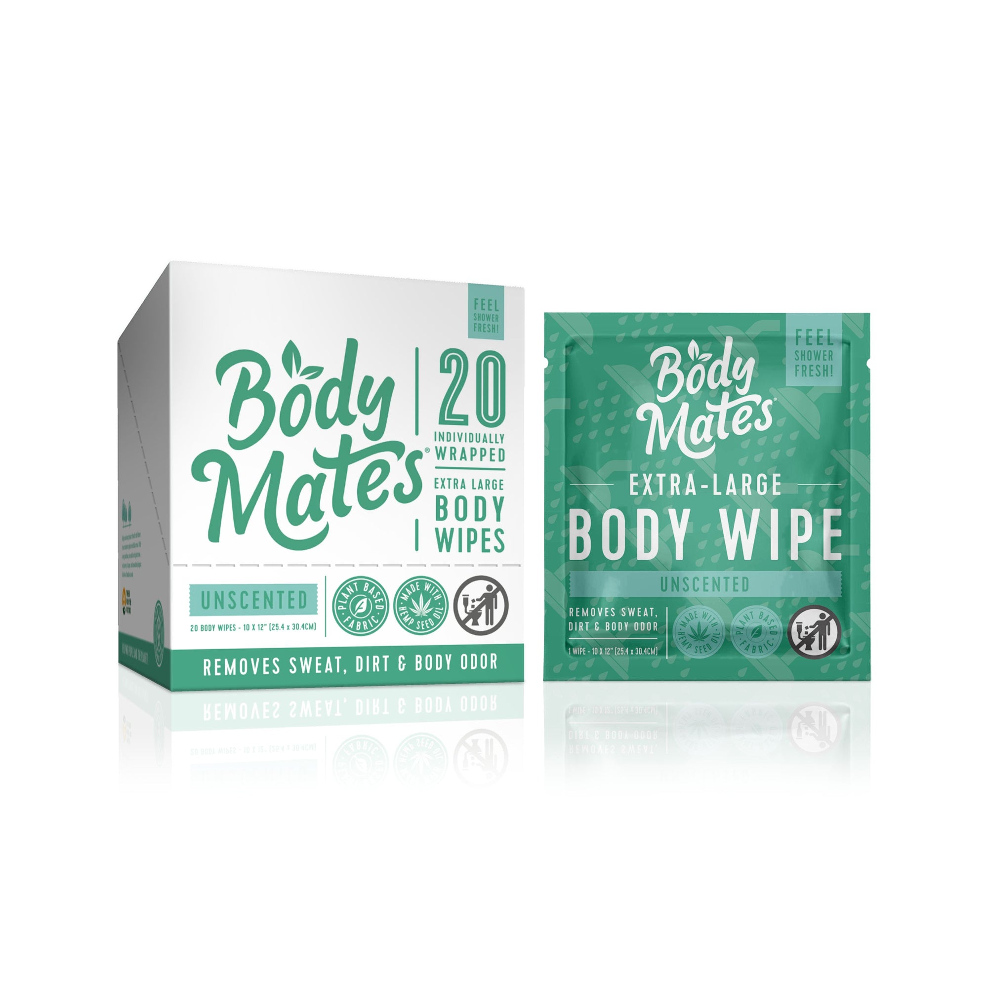 Body Mates: Shower Extra-Large Body Wipes, Portable Travel-Sized Individual Cleansing Wipes, 20 On-the-go Singles (Unscented)